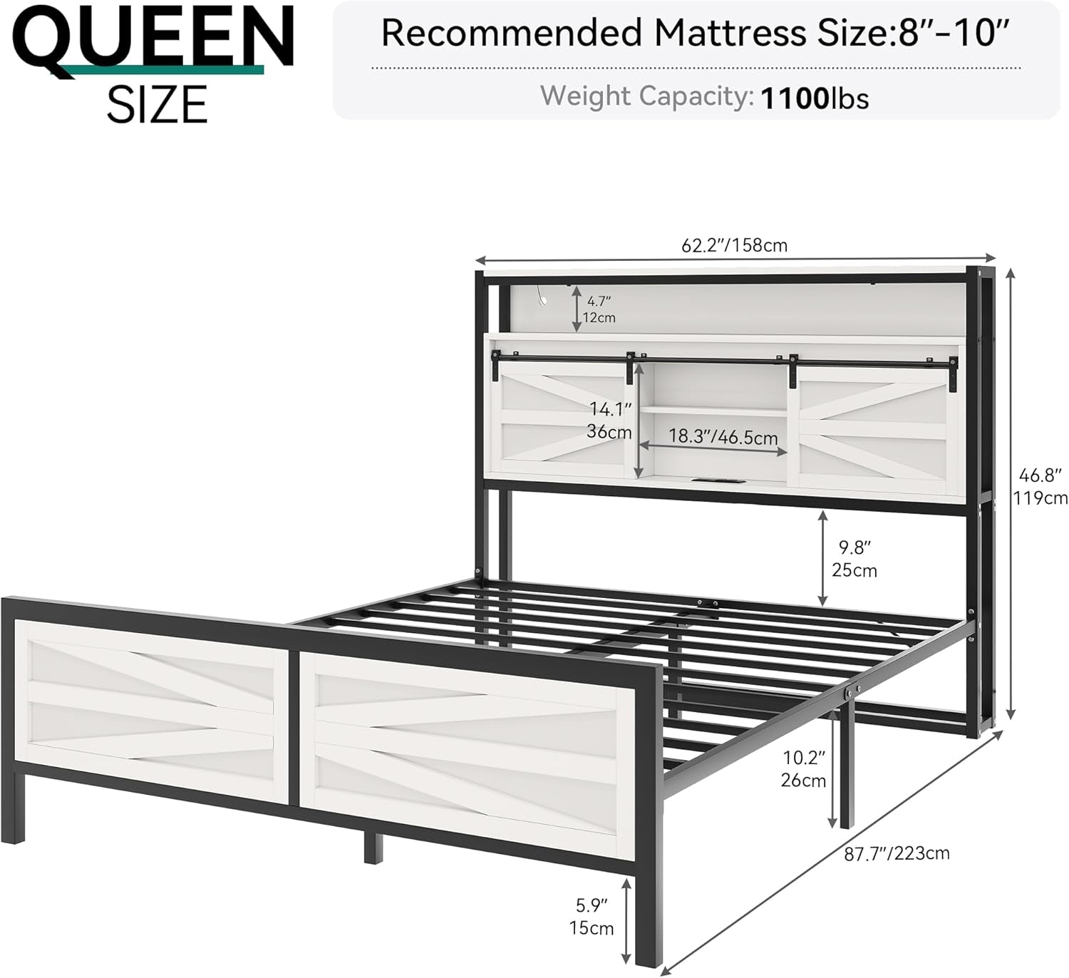 Farmhouse Queen Bed Frame with LED Lights and Charging Station, Platform Bed Frame with Storage Bookcase Headboard, Sliding Barn Door, Solid Metal Slats, No Box Spring Needed (White)