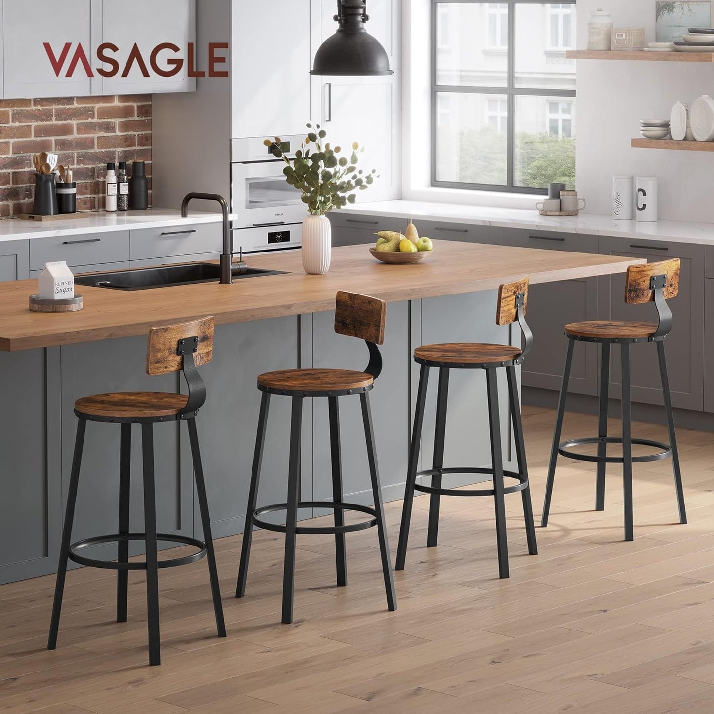 Bar Stools Set of 2, Bar Height Stools, 28.9 Inches Counter Barstools Chairs with Back for Dining Kitchen Island, Steel Frame, Industrial Style, Easy Assembly, Rustic Brown and Ink Black