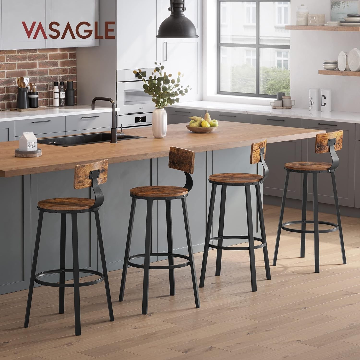 Bar Stools Set of 2, Bar Height Stools, 28.9 Inches Counter Barstools Chairs with Back for Dining Kitchen Island, Steel Frame, Industrial Style, Easy Assembly, Rustic Brown and Ink Black