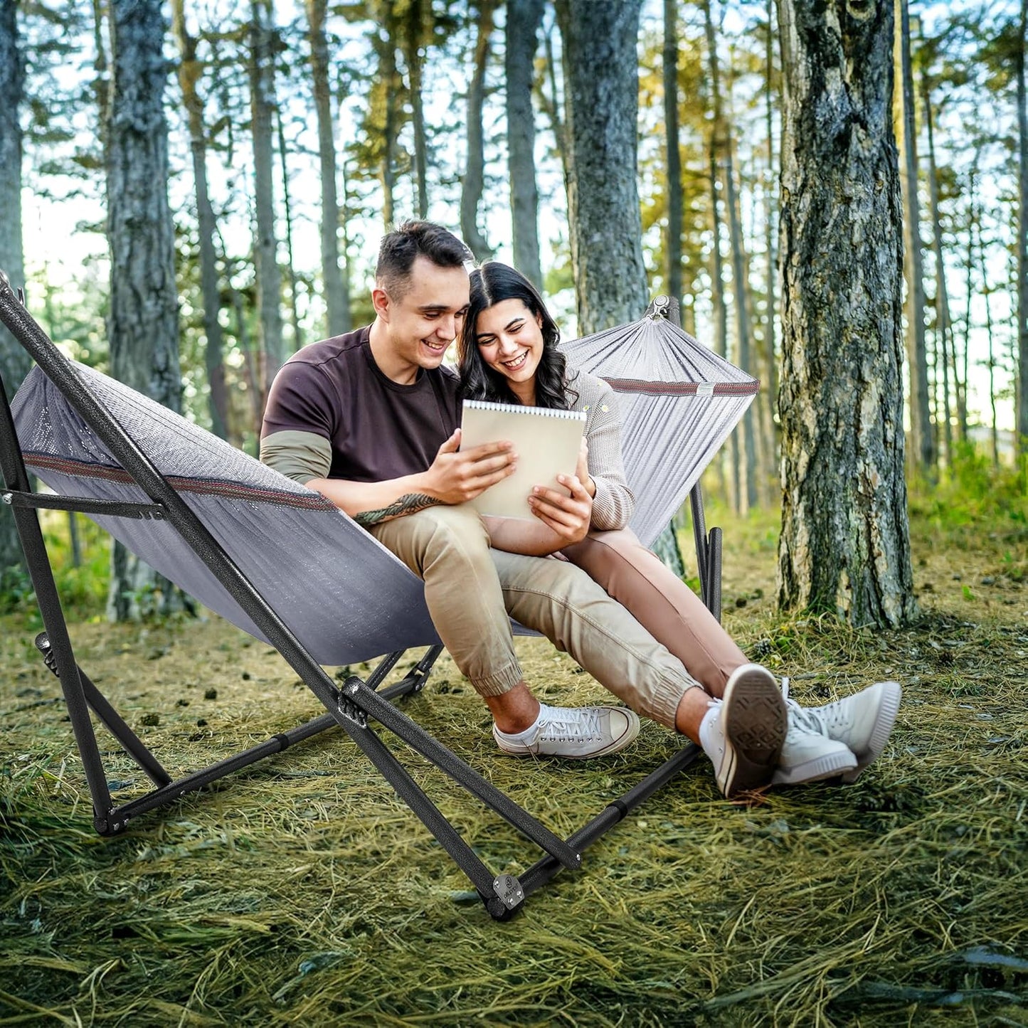 Universal Double Hammock with Stand Included for 2 Persons/Foldable Hammock Stand 600 Lbs Capacity Portable Case - Inhouse, Outdoor, Camping, Grey