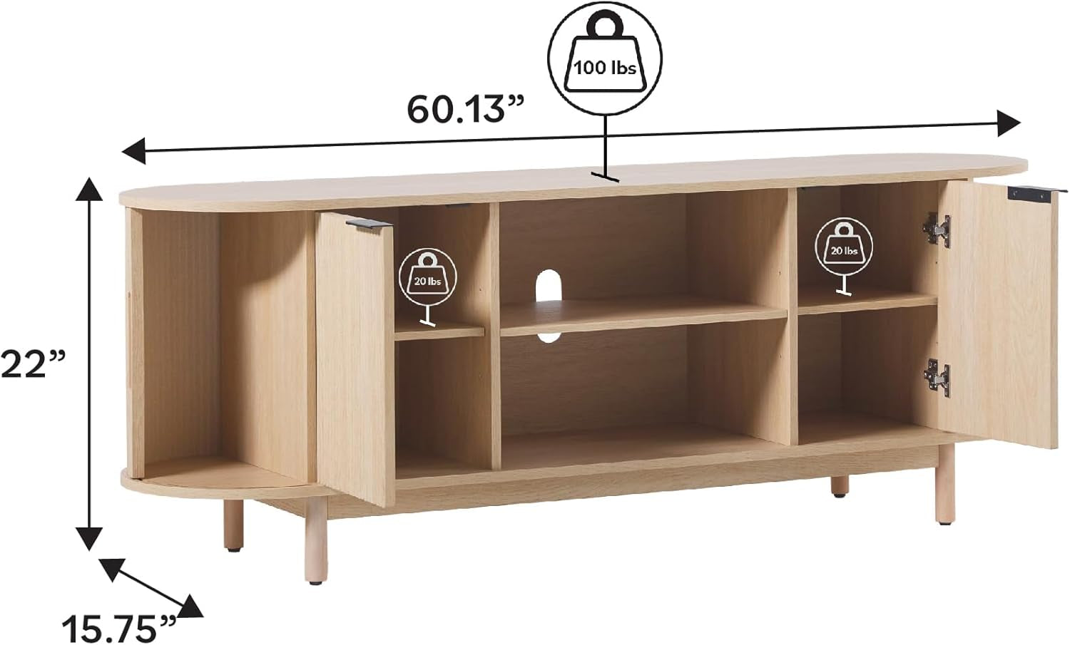 Modern Curved Reeded TV Stand for Tvs up to 70 Inches, Credenza with Sliding Doors and Adjustable Shelves, TV Stand with Cord Management Cutout, 60 Inch, Coastal Oak