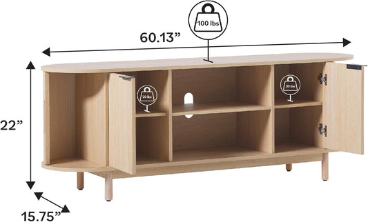 Modern Curved Reeded TV Stand for Tvs up to 70 Inches, Credenza with Sliding Doors and Adjustable Shelves, TV Stand with Cord Management Cutout, 60 Inch, Coastal Oak