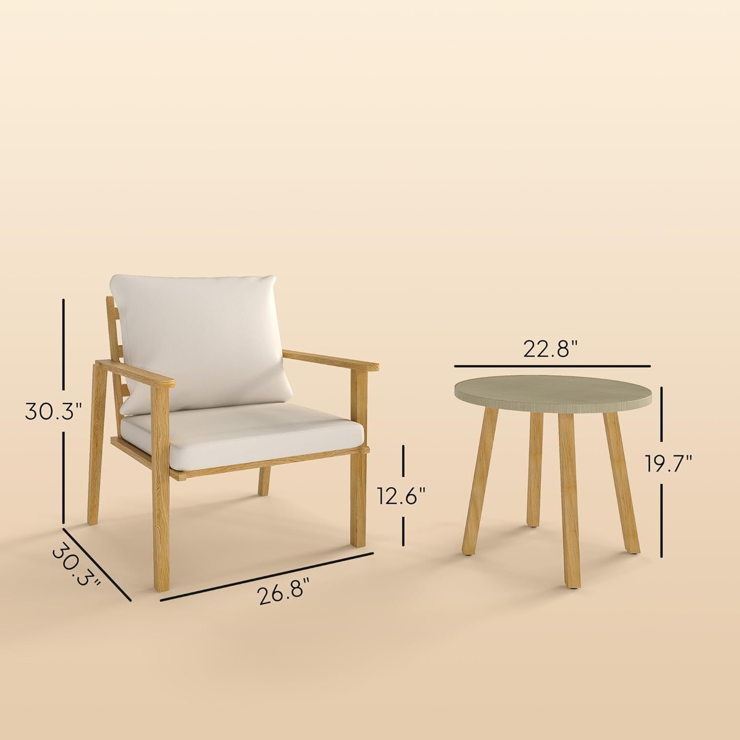 Outdoor Bistro Set, 3 Piece Patio Set, Wood Effect Steel round Table and Chairs with Wide and Deep Seat, Small Conversation Patio Furniture with Cushions for Backyard, Porch, Cream White