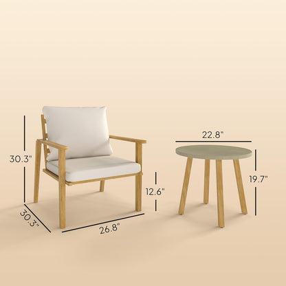 Outdoor Bistro Set, 3 Piece Patio Set, Wood Effect Steel round Table and Chairs with Wide and Deep Seat, Small Conversation Patio Furniture with Cushions for Backyard, Porch, Cream White