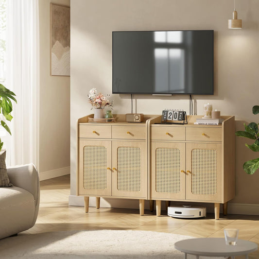 BOHOVEN Collection - Buffet Cabinets, Set of 2, Sideboard Storage Cabinets with Rattan-Like Doors and Drawers, Accent Cabinets, Adjustable Shelf, Boho Style, for Living Room, Oak Beige