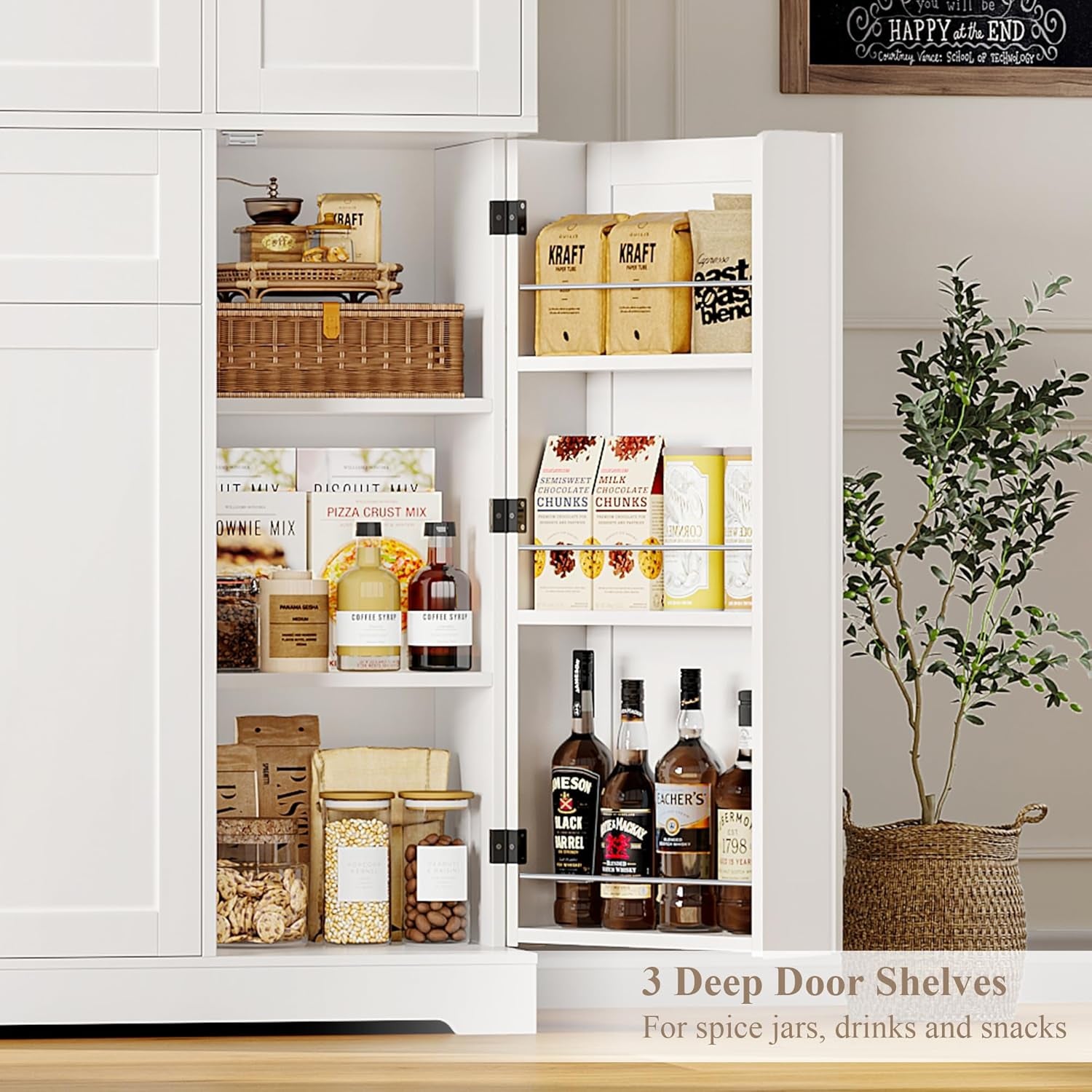68" Tall Kitchen Pantry Storage Cabinet, Modern Kitchen Hutch Cabinet with Doors and Shelves, Freestanding Food Pantry with Large Storage Drawer for Dining Room, Living Room, White