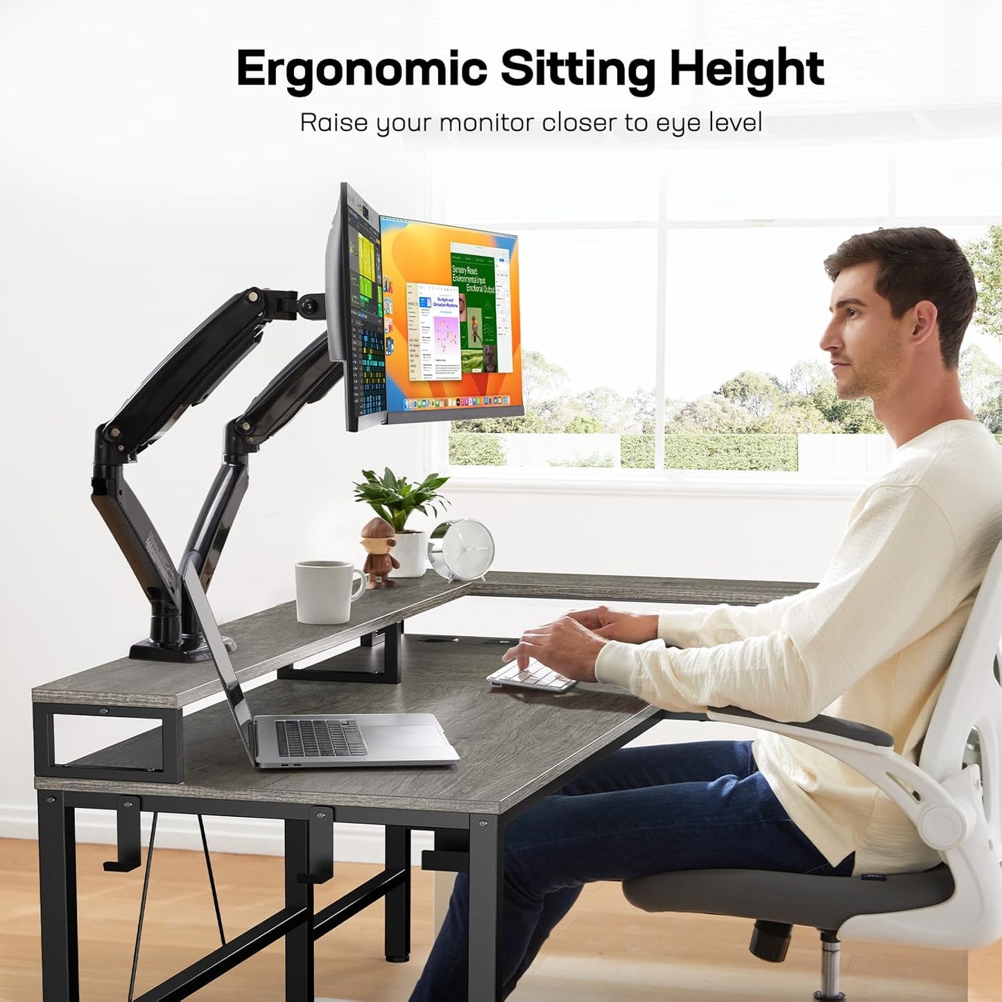 L Shaped Gaming Desk with Monitor Riser & Printer Stand, Home Office Corner Desk with Power Outlets & LED Light, Ergonomic Gaming Desk with Cable Management Tray, Hooks, Rustic Brown