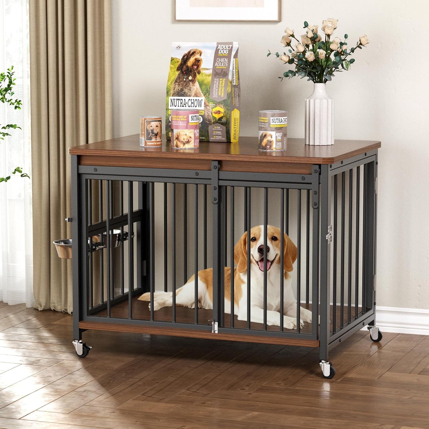 Dog Crate Furniture, 32’’ Wooden Dog Kennel Indoor with Sliding Front Door, Multi-Side Openings & Feeding Window Pet Cage House as TV Stand, End Table for Medium Dogs