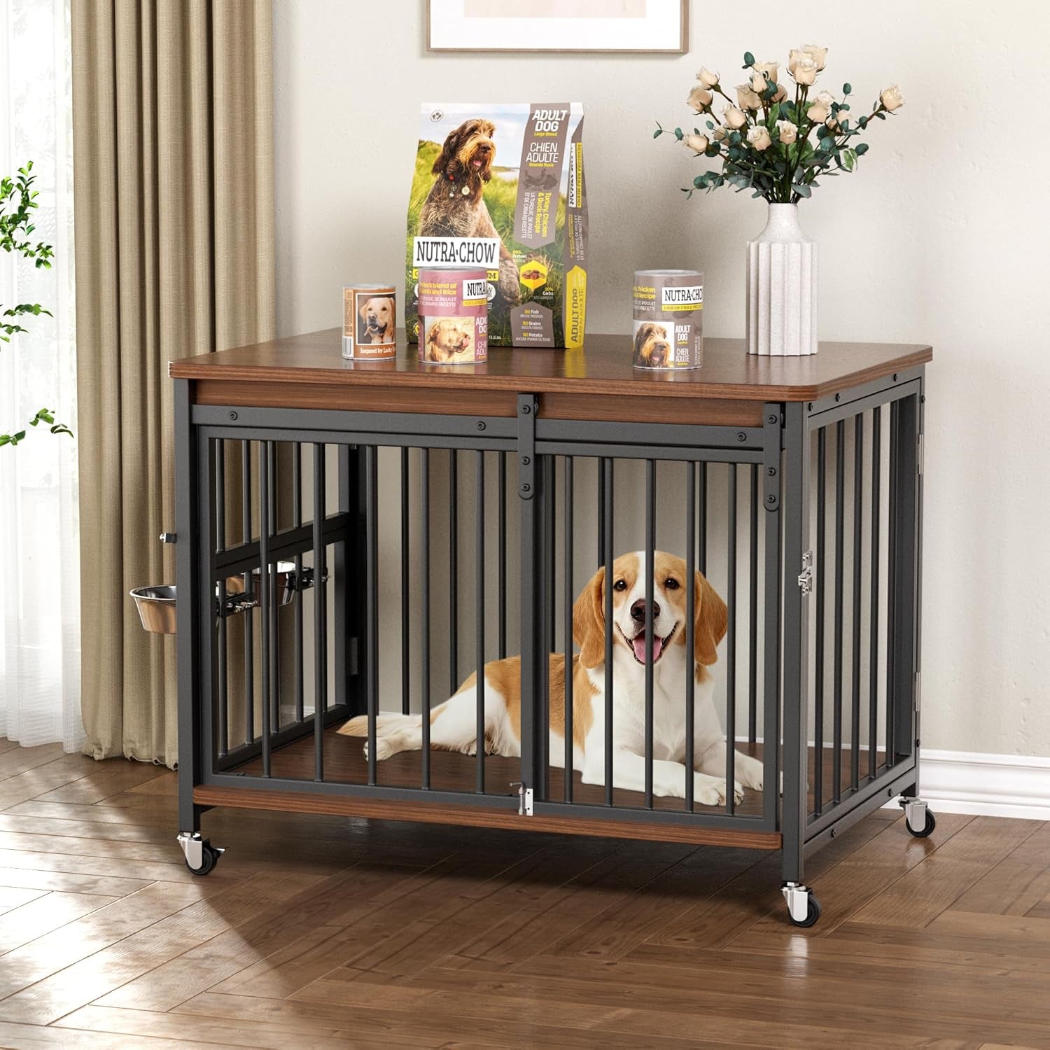 Dog Crate Furniture, 32’’ Wooden Dog Kennel Indoor with Sliding Front Door, Multi-Side Openings & Feeding Window Pet Cage House as TV Stand, End Table for Medium Dogs