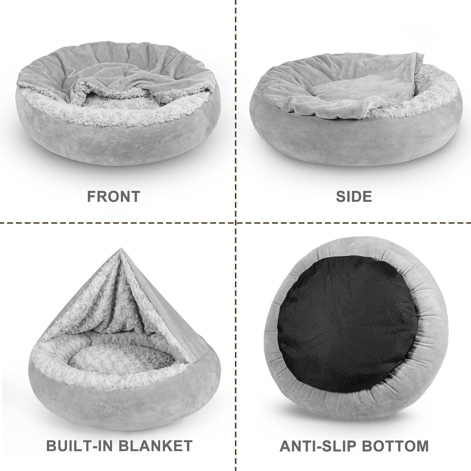 Small Dog Bed Cat Bed with Hooded Blanket, Cozy Cuddler Luxury Puppy Pet Bed, Donut round Calming Anti-Anxiety Dog Burrow Cave Bed - Anti-Slip Bottom and Machine Washable 23 Inch
