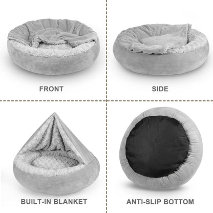 Small Dog Bed Cat Bed with Hooded Blanket, Cozy Cuddler Luxury Puppy Pet Bed, Donut round Calming Anti-Anxiety Dog Burrow Cave Bed - Anti-Slip Bottom and Machine Washable 23 Inch