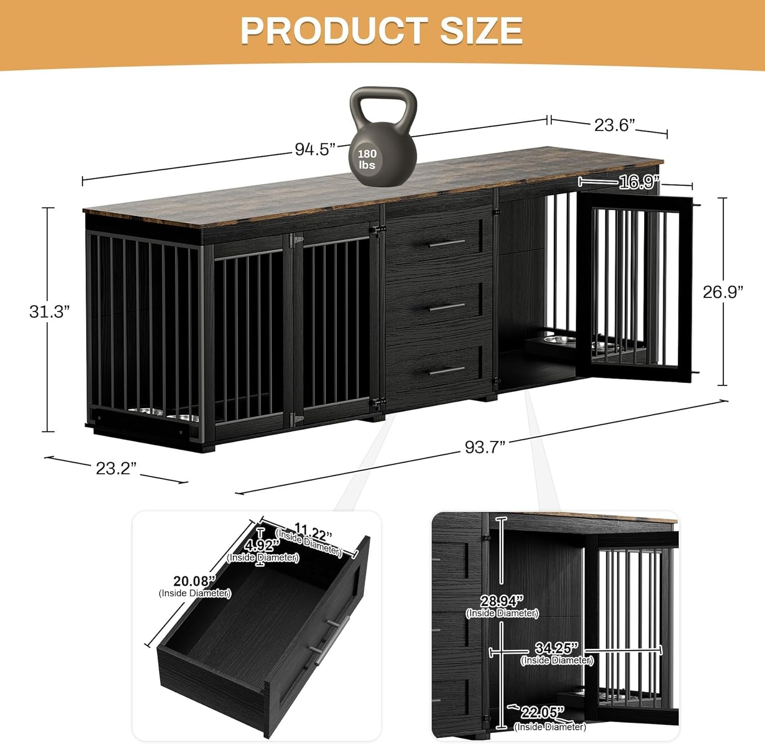94.5" Large Dog Crate Furniture for 2 Dogs, Double Wooden Dog Kennel Furniture with 4 Dog Bowls & 3 Drawers, Heavy Duty Indoor Furniture Style Dog Cage TV Stand/Table/House, Black
