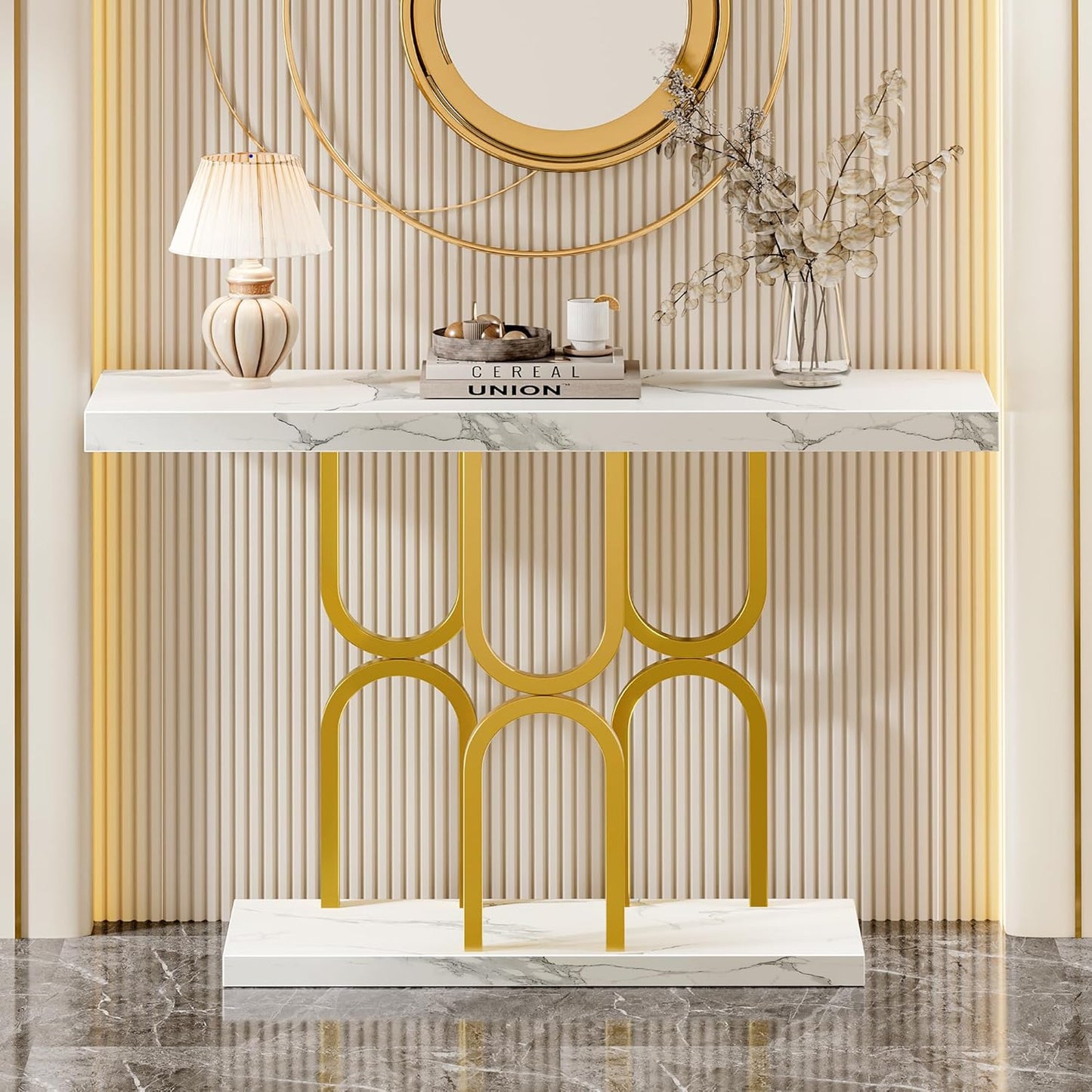 47.2 Inch Entryway Table with Marble Top, Modern Console Sofa Table, Accent Table, for Entry, Hallway, Entrance, Foyer, U-Shaped Metal Base, White Marble & Gold