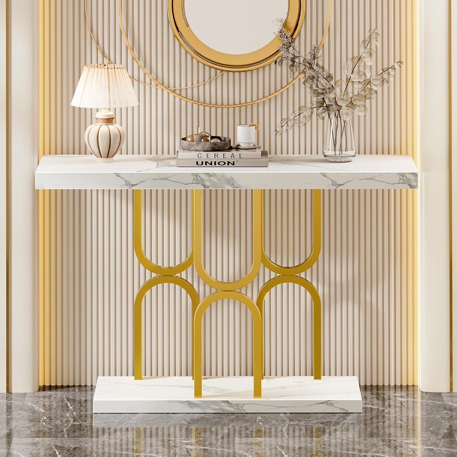 47.2 Inch Entryway Table with Marble Top, Modern Console Sofa Table, Accent Table, for Entry, Hallway, Entrance, Foyer, U-Shaped Metal Base, White Marble & Gold