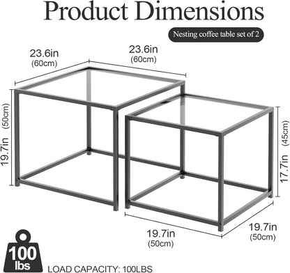 Coffee Table Set of 2, Modern Glass Nesting Table, Metal Frame Square Center Table Set, Side Tables, Nesting Coffee Table for Living Room, Bedroom and Small Spaces, 23.6In Black