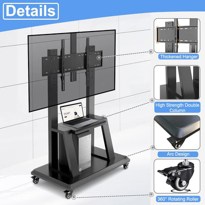 Mobile TV Stand,Rolling Tvs Cart on Wheels Height Adjustable Heavy-Duty Floor Stand Base for 32-75 Inch LCD LED OLED Flat Panel Screens Smartboard Movable Holds up to 220Lbs with Shelf