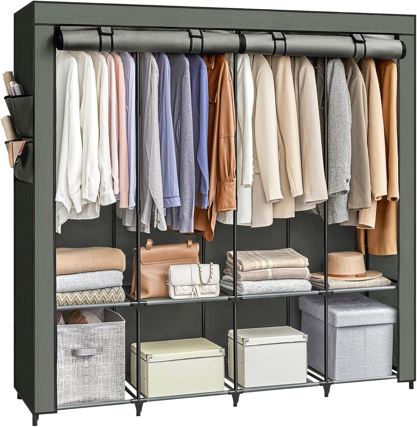 Portable Closet, Wardrobe Closet Organizer with Cover, 3 Hanging Rods and Shelves, 4 Side Pockets, 51.2 X 17.7 X 65.7 Inches, Large Capacity for Bedroom, Living Room, Ink Black URYG092B02