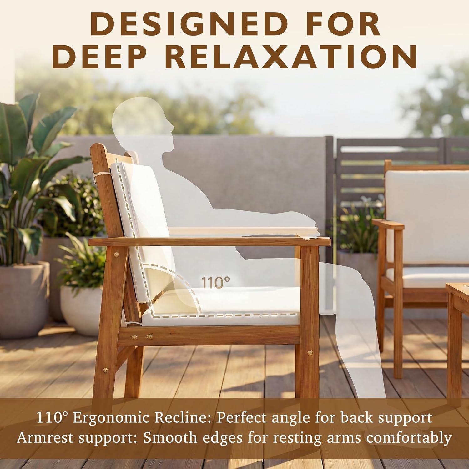 Patio Furniture 4 Piece Acacia Wood Outdoor Conversation Sofa Set with Table & Cushions Porch Chairs for Garden, Deck, Backyard, Natural