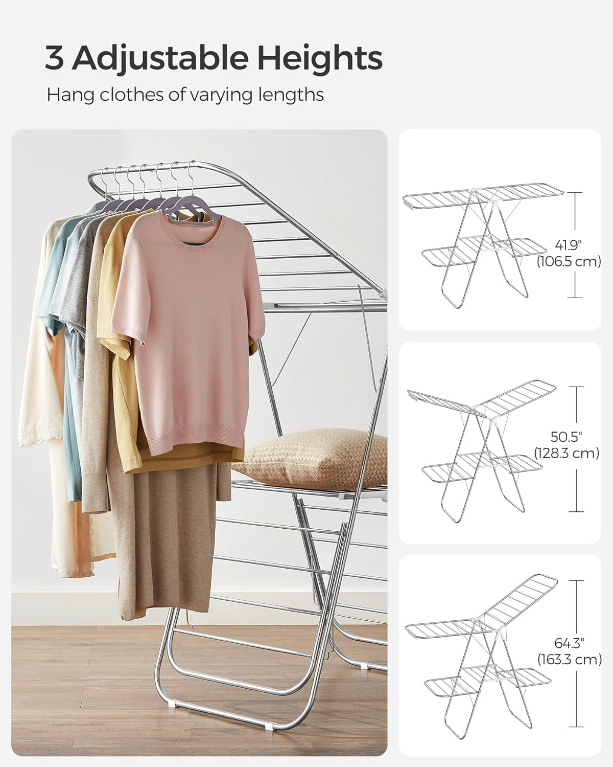 Clothes Drying Rack, Foldable 2-Level Laundry Drying Rack, Free-Standing Laundry Airer, with Height-Adjustable Wings, 33 Drying Rails, Sock Clips, Silver and White ULLR053W01V1