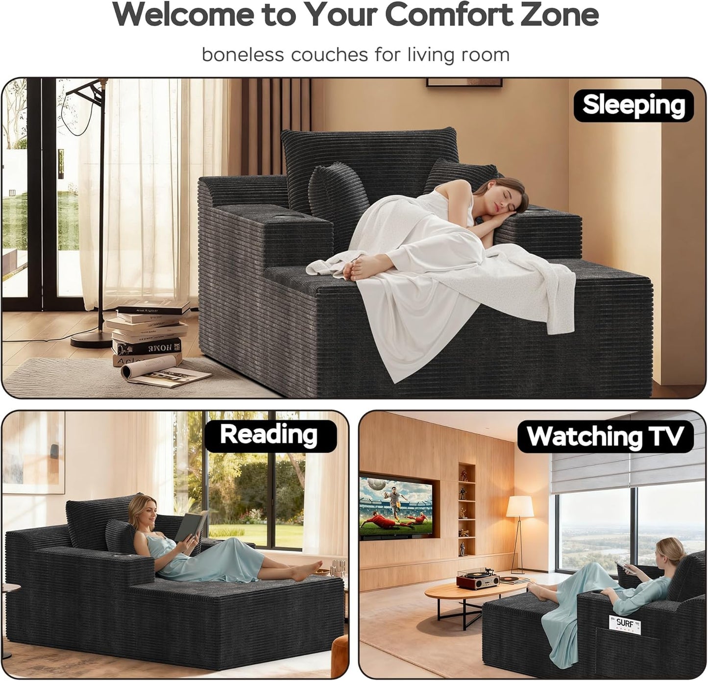 67 Inches Chaise Lounge Chair Indoor, Oversized Boneless Couch with 3 Throw Pillows and Armrests, Corduroy Upholstered Plush Sofa Bed with Storage, Lazy Chair Bed Sleeper for Living Room, Black