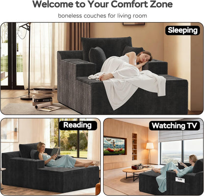 67 Inches Chaise Lounge Chair Indoor, Oversized Boneless Couch with 3 Throw Pillows and Armrests, Corduroy Upholstered Plush Sofa Bed with Storage, Lazy Chair Bed Sleeper for Living Room, Black