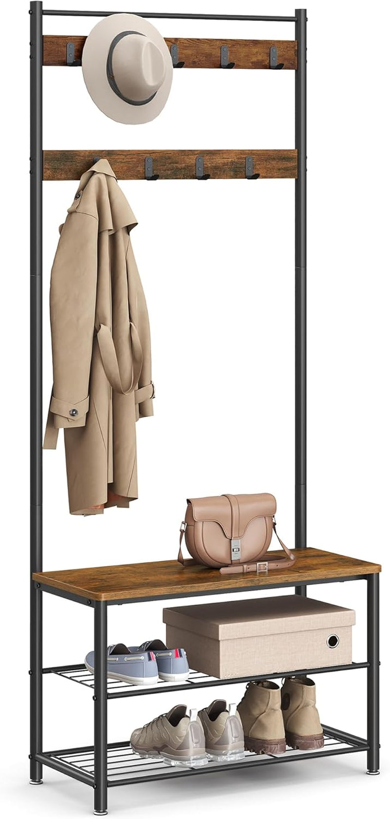 Coat Rack, Hall Tree with Shoe Storage Bench, Entryway Bench with Shoe Storage, 3-In-1, Steel Frame, for Entryway, 12.6 X 27.6 X 68.9 Inches, Industrial, Rustic Brown and Black UHSR41BX