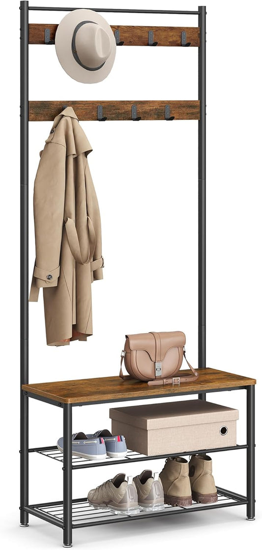 Coat Rack, Hall Tree with Shoe Storage Bench, Entryway Bench with Shoe Storage, 3-In-1, Steel Frame, for Entryway, 12.6 X 27.6 X 68.9 Inches, Industrial, Rustic Brown and Black UHSR41BX