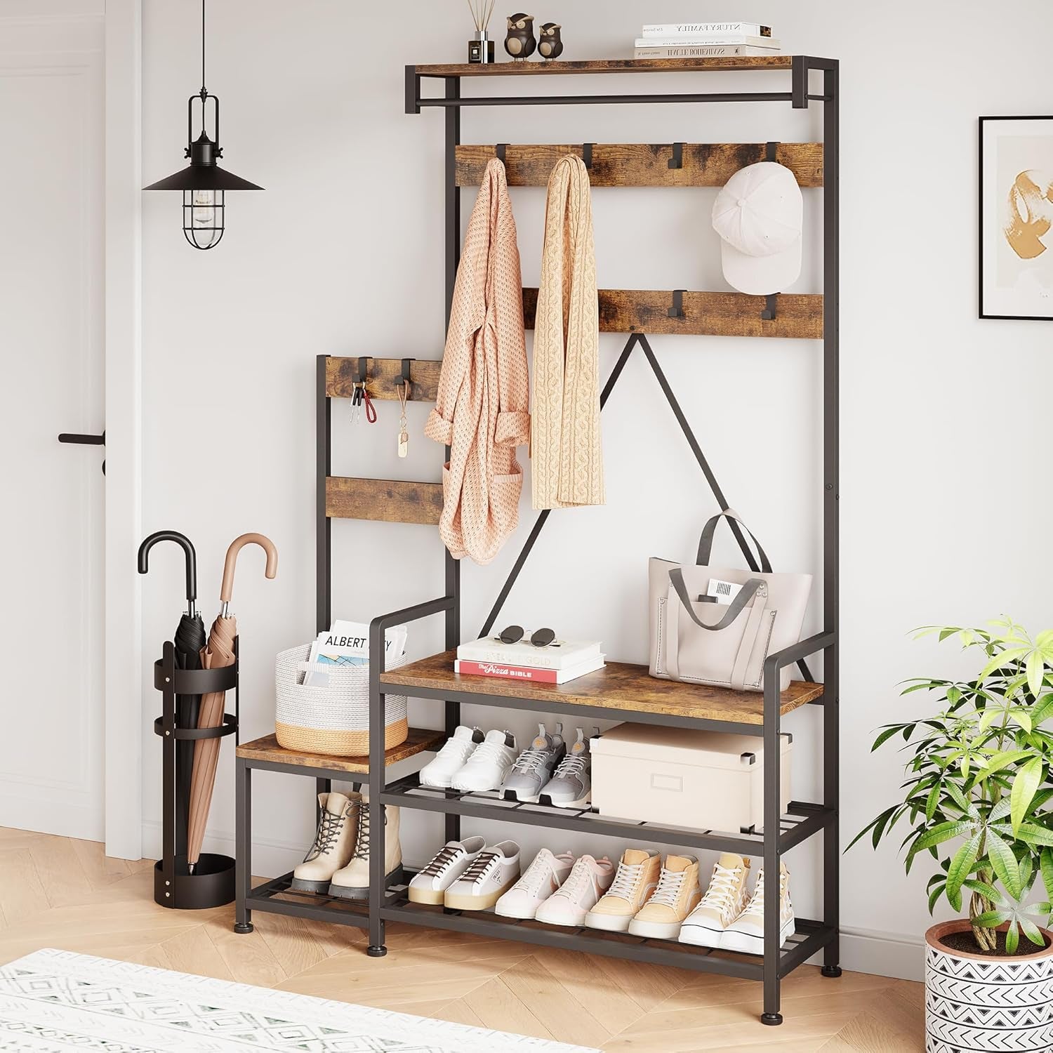 Hall Tree with Bench and Shoe Storage Parent-Child Coat Rack Shoe Bench Industrial Coat Tree Entryway Large Organizer with Shoe Rack, Storage Cubbies, Hooks, and Top Shelf