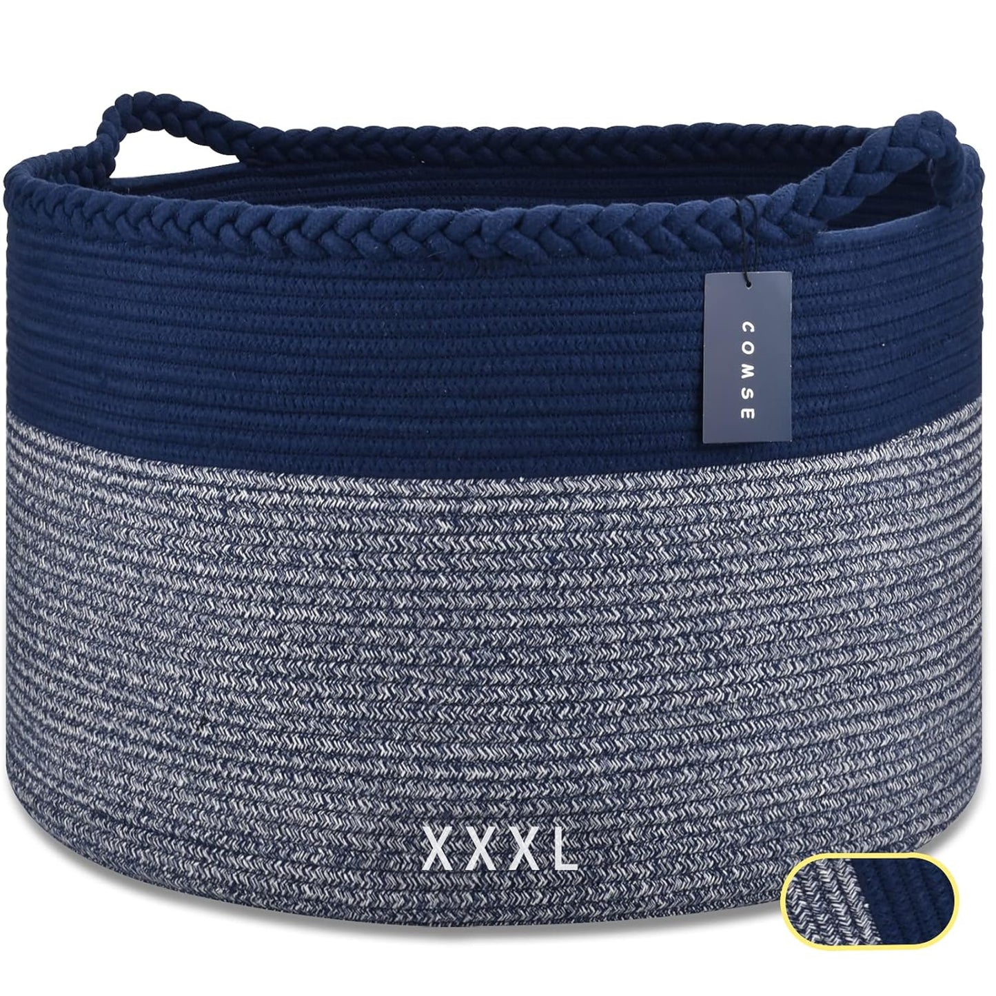 Extra Large Blanket Basket, Woven Laundry Basket, 21.7”X 13.8”, Nursery Hamper, Cotton Rope Laundry Hamper Living Room for Storage Toys Clothes Towels (Navy Blue)