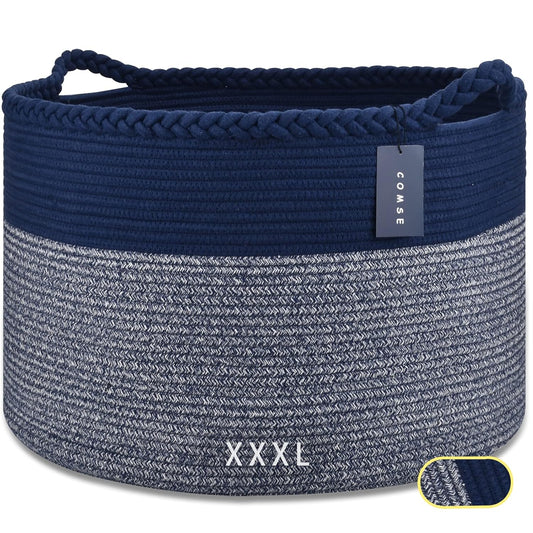 Extra Large Blanket Basket, Woven Laundry Basket, 21.7”X 13.8”, Nursery Hamper, Cotton Rope Laundry Hamper Living Room for Storage Toys Clothes Towels (Navy Blue)