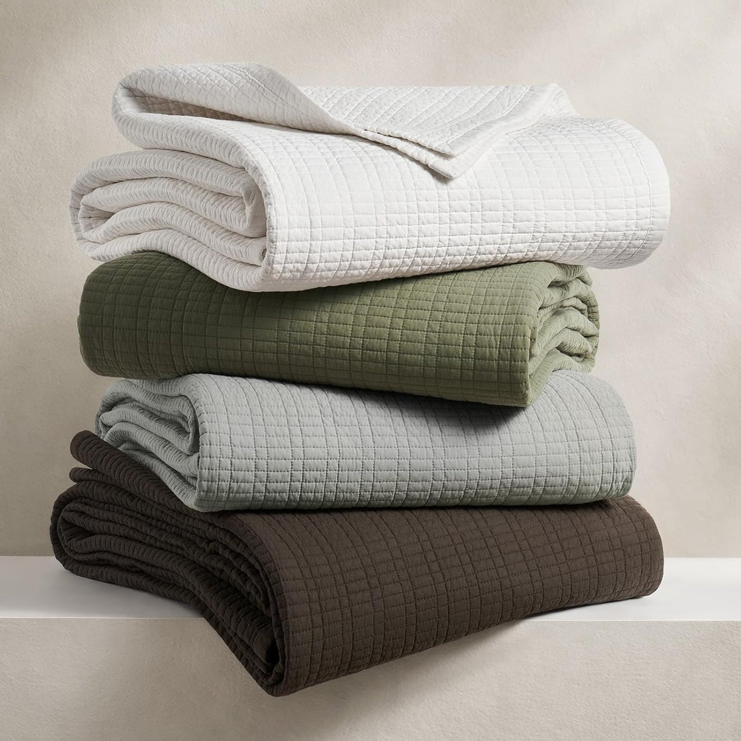 100% Cotton Quilt King Size, Pre-Washed Modern Grid Stitch Lightweight Bedspread Coverlet for All Season, Oversized 3-Piece Bedding Set with 2 Pillow Shams, Dark Brown