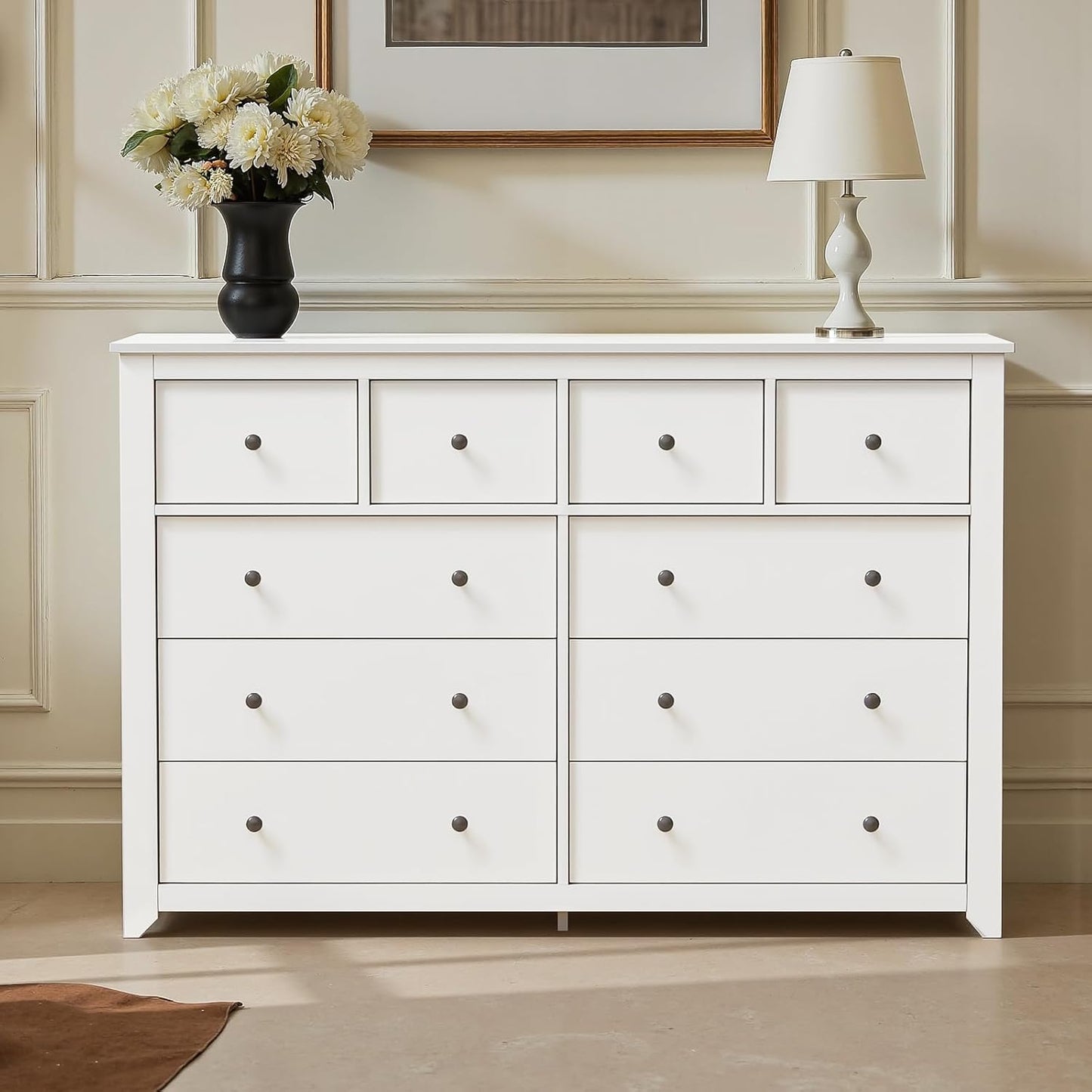 White 10 Drawer Dresser, 52" Large Wide Chest of Drawers, Wooden Dresser Storage Cabinet with 10 Drawers for Bedroom, Long White Dressers for Nursery, Living Room, Hallway