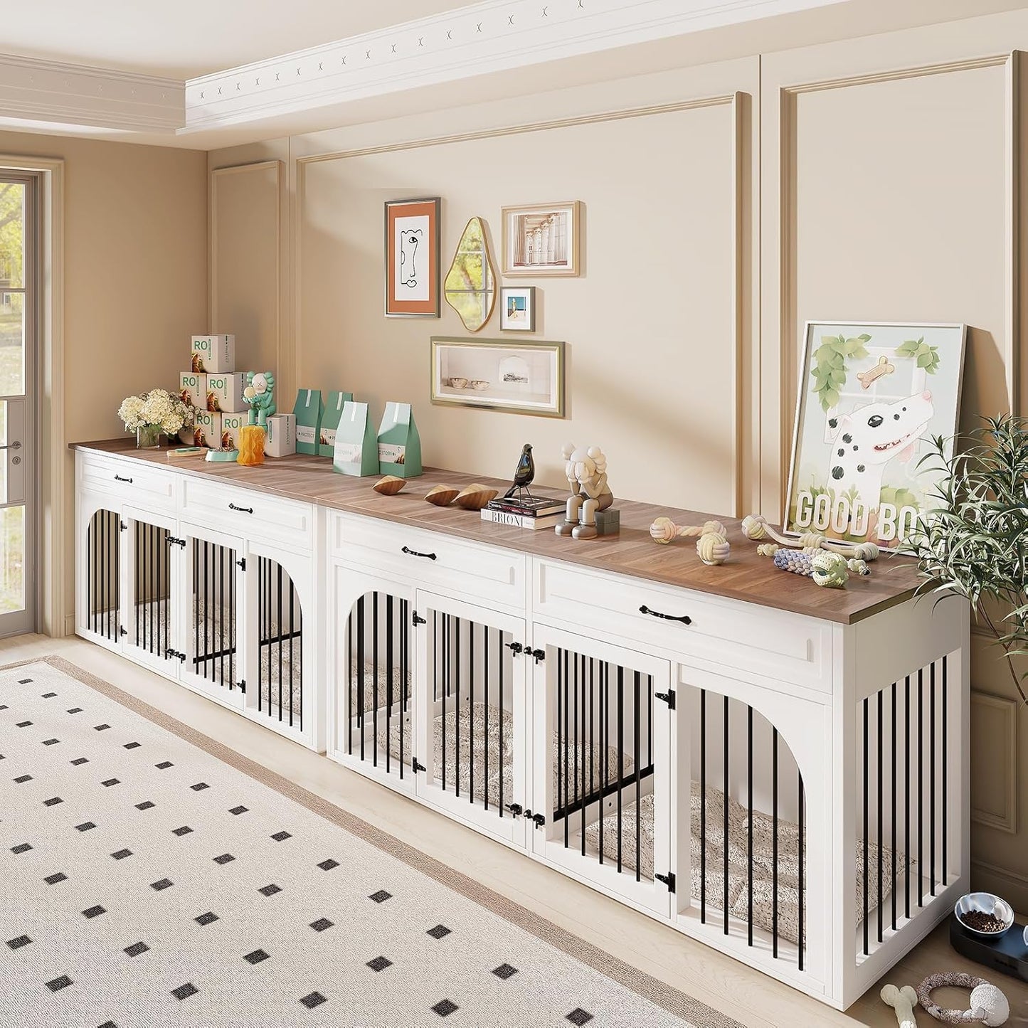 Dog Crate Furniture, 74.8''Wooden Dog Kennel with 2 Drawers and Removable Divider, Dog Kennel Indoor Furniture with Double Rooms, Heavy Duty Dog Crate Table Indoor TV Stand for Large Medium Dogs