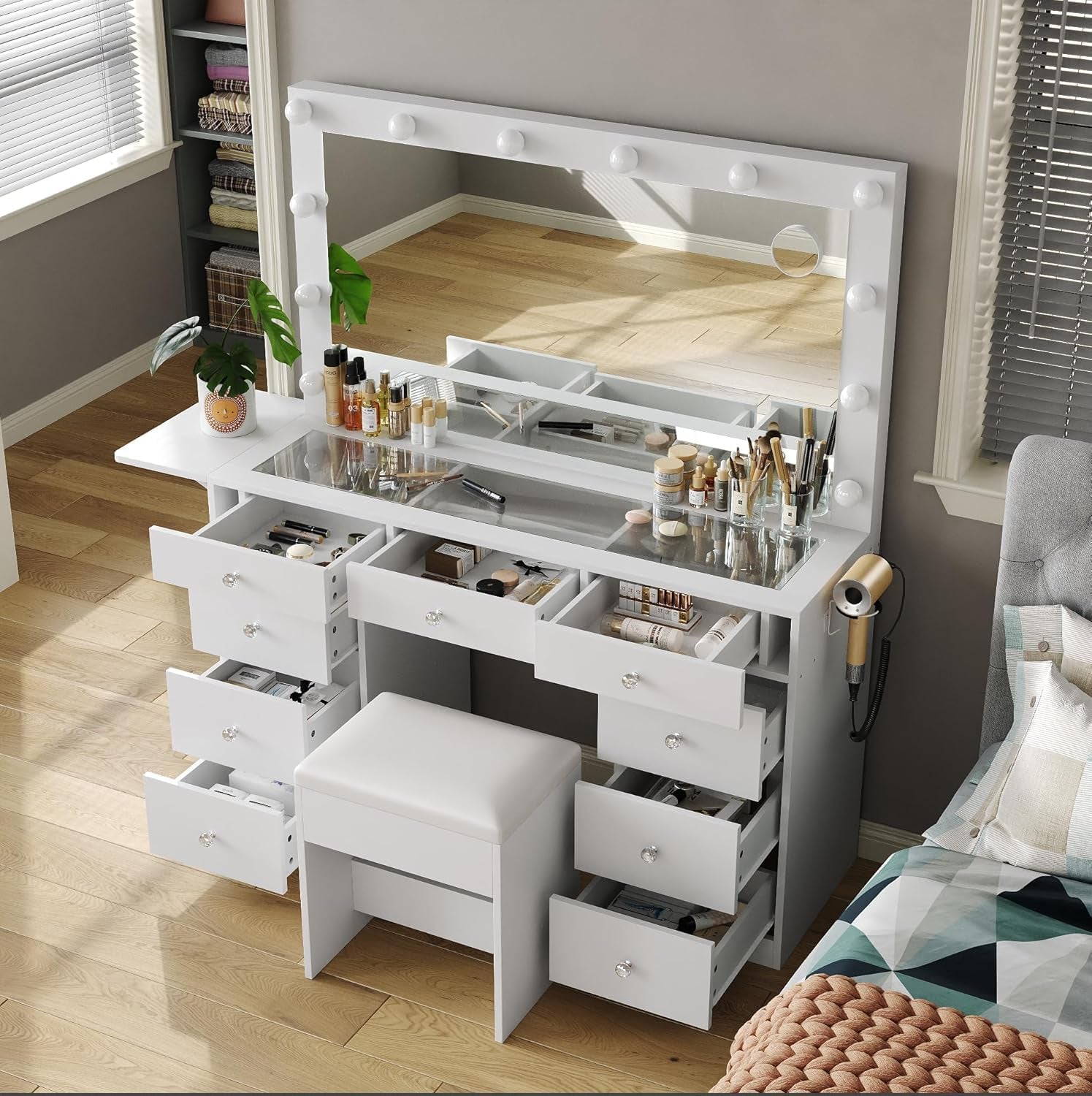 Vanity Desk with Power Outlet, 9 Drawers Makeup Vanity with Mirror and 12 LED Lights, 3 Lighting Modes, Glass Top Vanity Set, Fold-Up Panel, Dressing Table for Bedroom