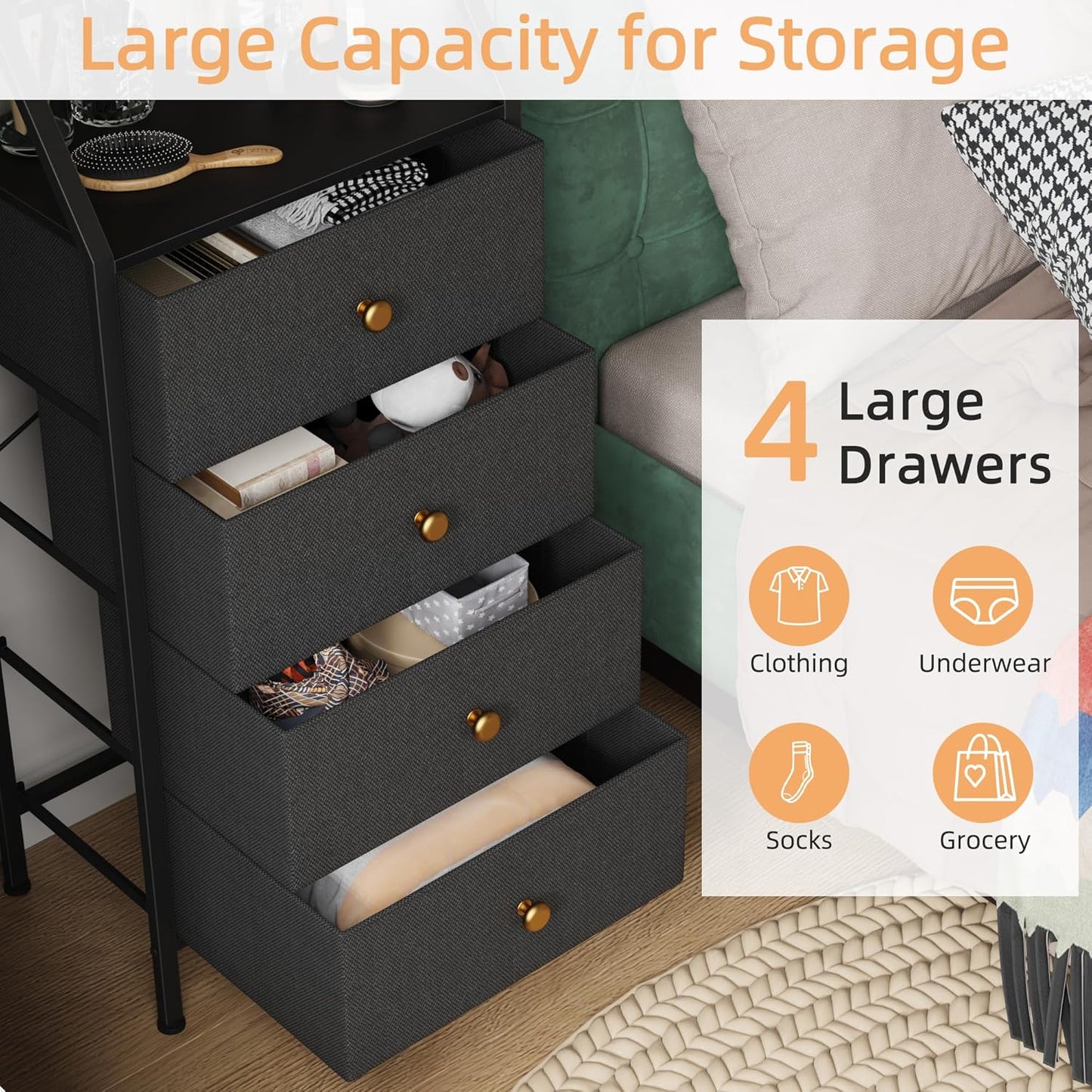 Dresser with Mirror, 4 Drawers Dresser with 2-Tier Shelves, Freestanding Fabric Chest of Drawers for Small Space, Tall Narrow Nightstand Vanity for Bedroom, Hallway, Dorm, Black, 15.3" W