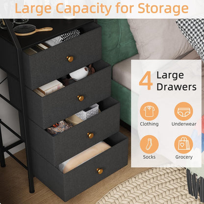 Dresser with Mirror, 4 Drawers Dresser with 2-Tier Shelves, Freestanding Fabric Chest of Drawers for Small Space, Tall Narrow Nightstand Vanity for Bedroom, Hallway, Dorm, Black, 15.3" W