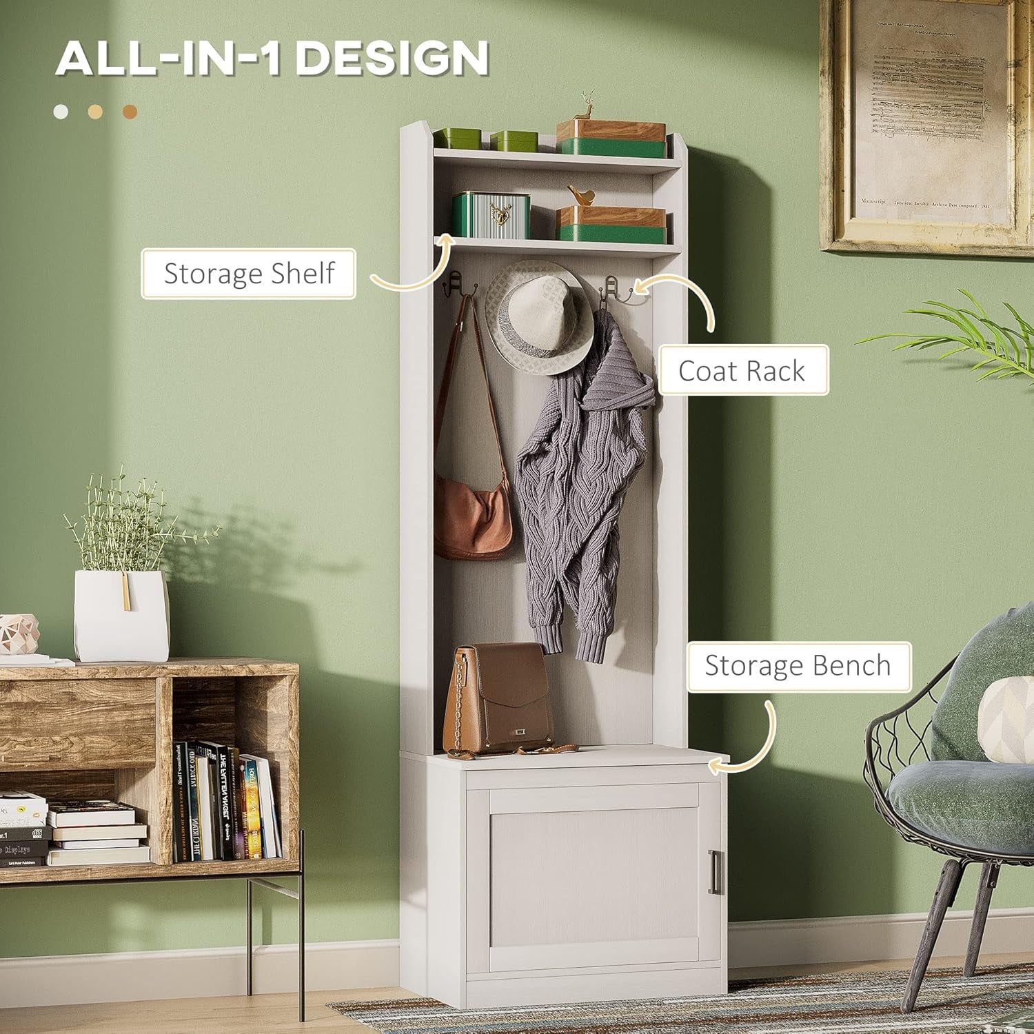 Narrow Hall Tree with Shoe Storage Bench, Rustic Entryway Bench with Coat Rack, Accent Coat Tree with Storage Shelves for Hallway, Mudroom, White Wood Grain
