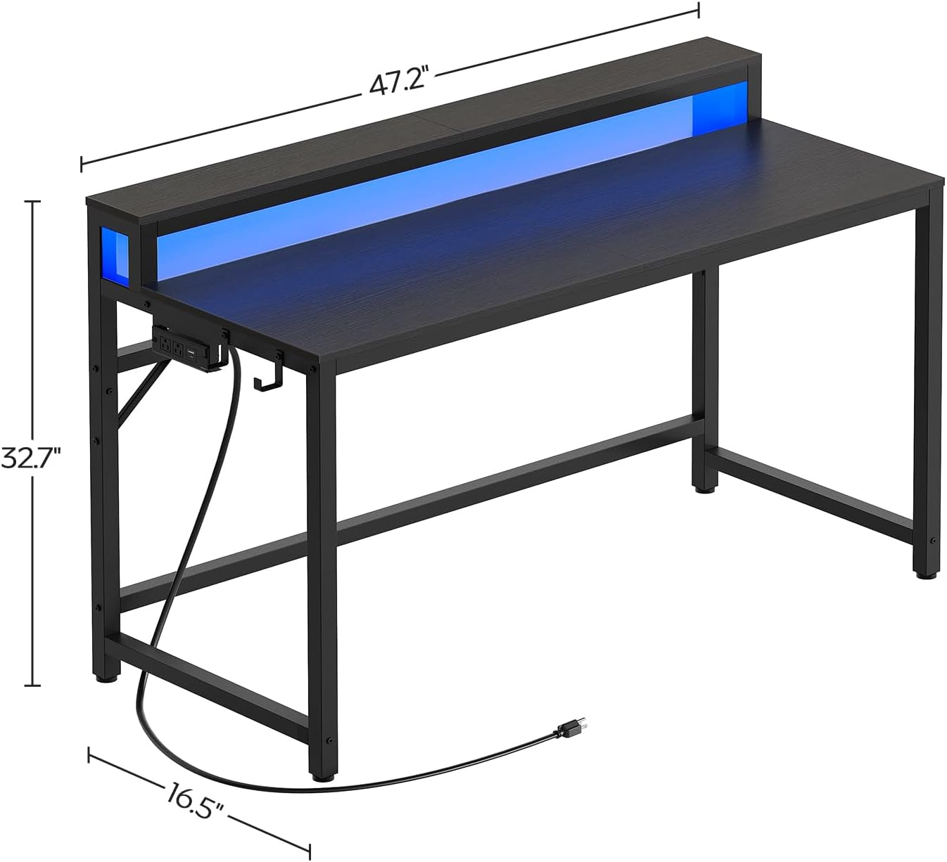 47.2" Computer Desk with Charging Station and LED Lights, Gaming Desk with Monitor Stand, 2-Tier Home Office Desk with 4 Side Hooks, for Living Room, Home Office, Black DN12UDBB