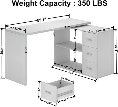 White L-Shaped Computer Desk with 3 Drawers and 2 Shelves, Reversible Home Office Corner Desk for Writing Study Work Executive, 55 Inch Bedroom Wood Table Workstation Desk with Storage Cabinet