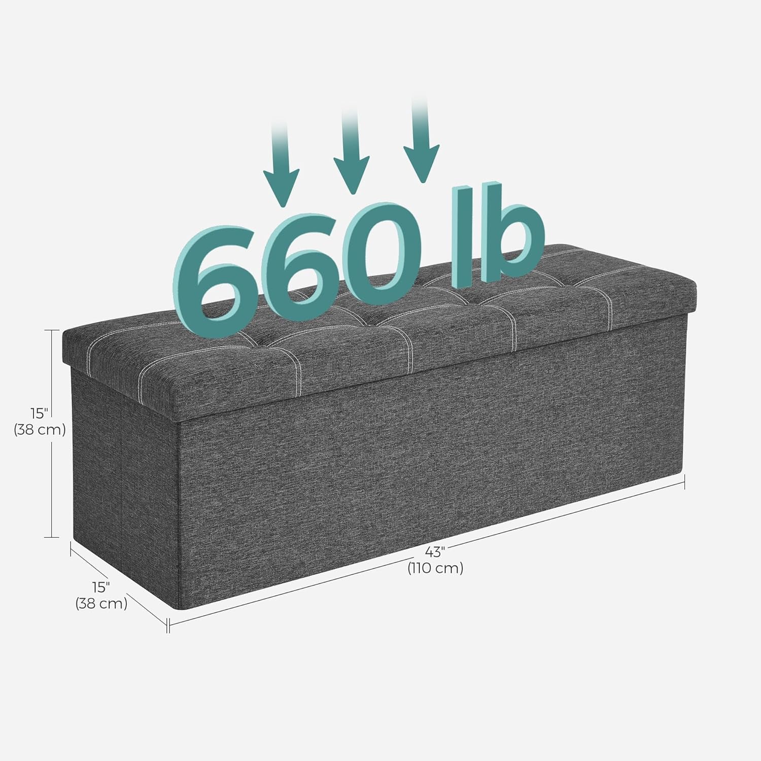 Mazie Collection - 43 Inches Ottoman Storage Bench, 35 Gal. Folding Chest with Breathable Linen-Look Fabric, Load up to 660 Lb, for Entryway, Living Room, Bedroom, Dark Gray ULSF077G04