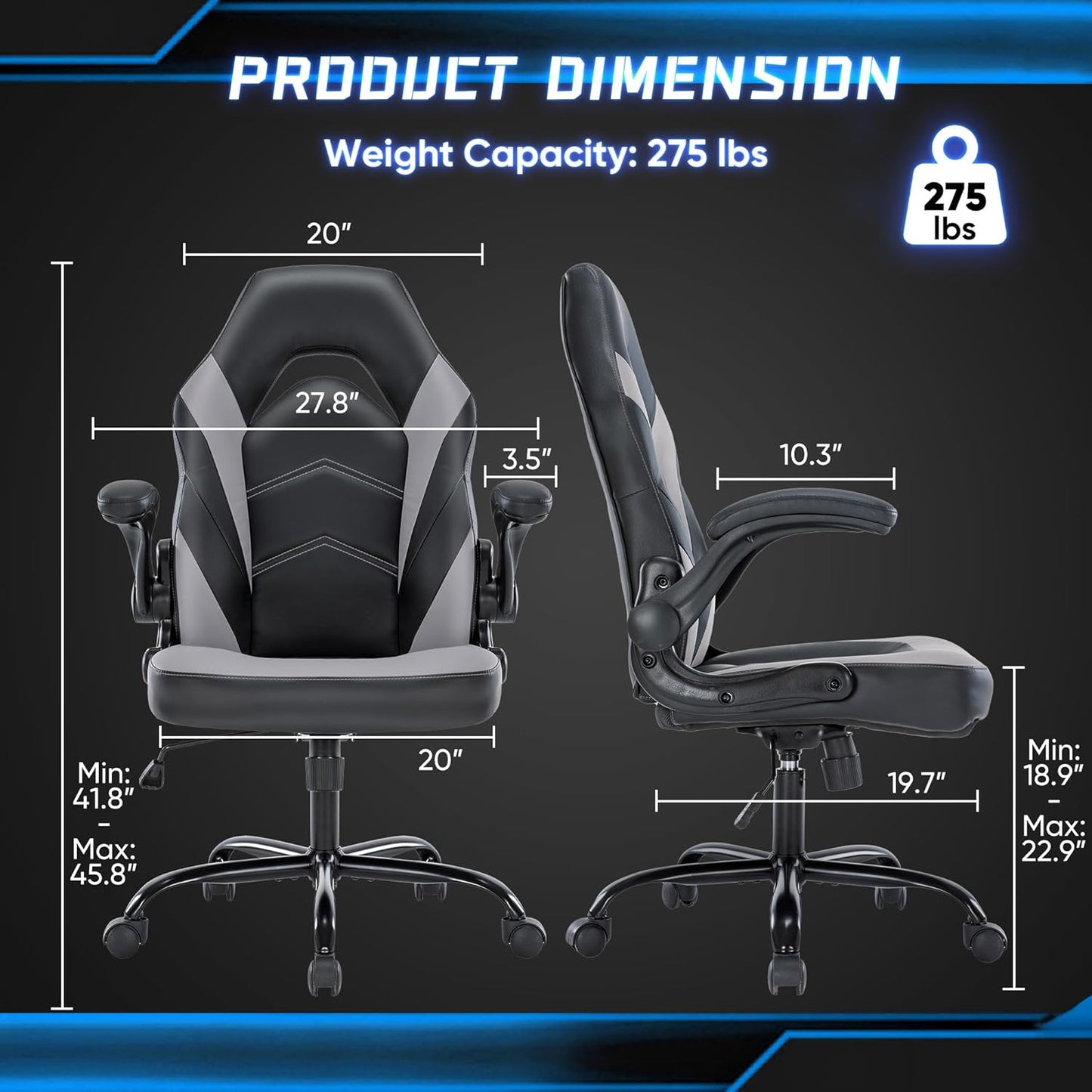 Computer Gaming Desk Chair - Big Tall Ergonomic Lumbar Support with Flip-Up Armrest and 360° Swivel Wheels, PU Leather Height Adjustable, for Home and Office, Grey