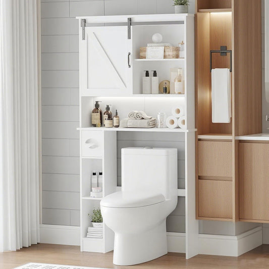Over the Toilet Storage Cabinet with Barn Doors and Toilet Paper Stand, Tall Freestanding Bathroom Cabinet with Open Shelves, Space Saver Storage over Toilet Organizer for Restroom, White
