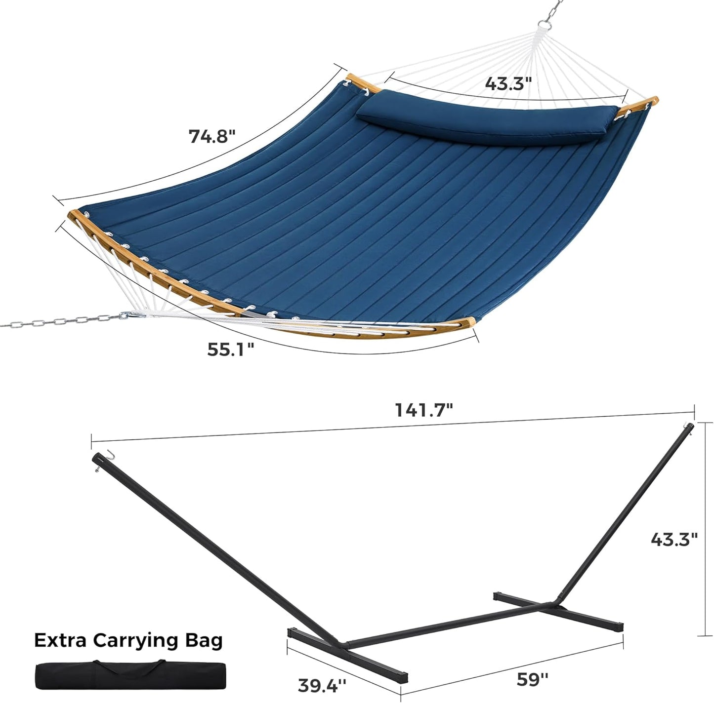 Curved-Bar Hammock with Stand, 2 Person Heavy Duty Hammock Frame, Detachable Pillow & Portable Carrying Bag, Perfect for Outdoor & Indoor, Navy Blue