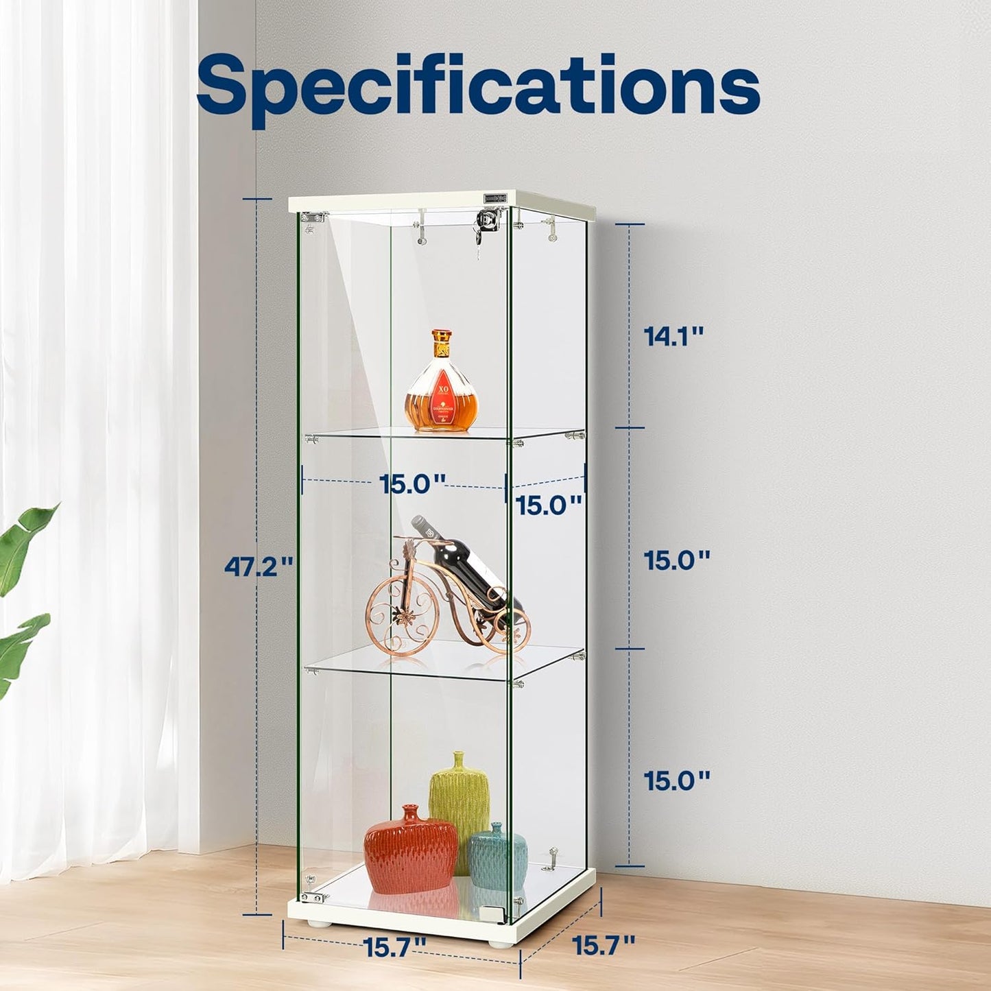 3 Layers 15.7''W X 15.7''D X 47.2''H Glass Display Cabinet Countertop Showcase with Lock, 5Mm Tempered Glass 25Mm MDF Base