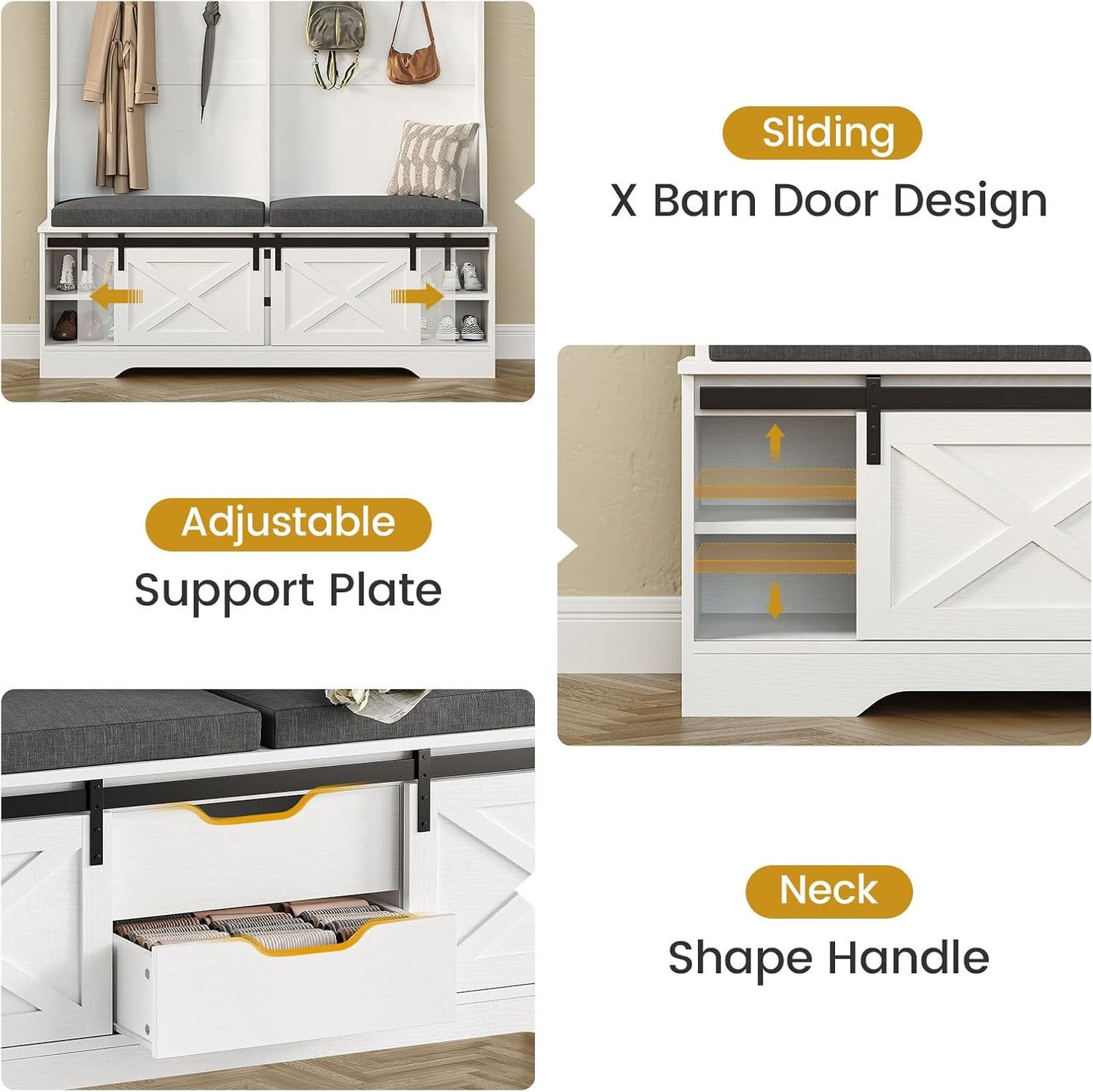 Hall Tree with Bench and Shoe Storage, Entryway Bench with Coat Rack, Modern Farm House Barn Door 3-In-1 Hall Tree with Storage Cushioned Stool and Hooks for Hallway, Living Room (60IN)