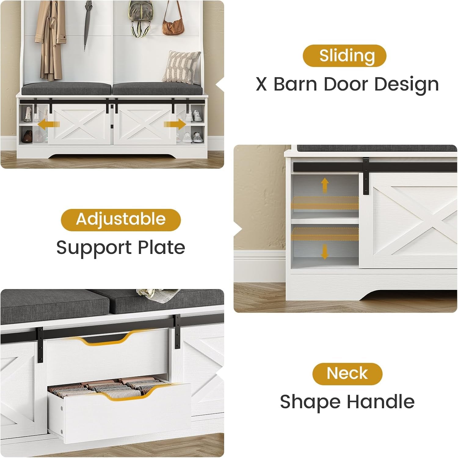 Hall Tree with Bench and Shoe Storage, Entryway Bench with Coat Rack, Modern Farm House Barn Door 3-In-1 Hall Tree with Storage Cushioned Stool and Hooks for Hallway, Living Room (60IN)