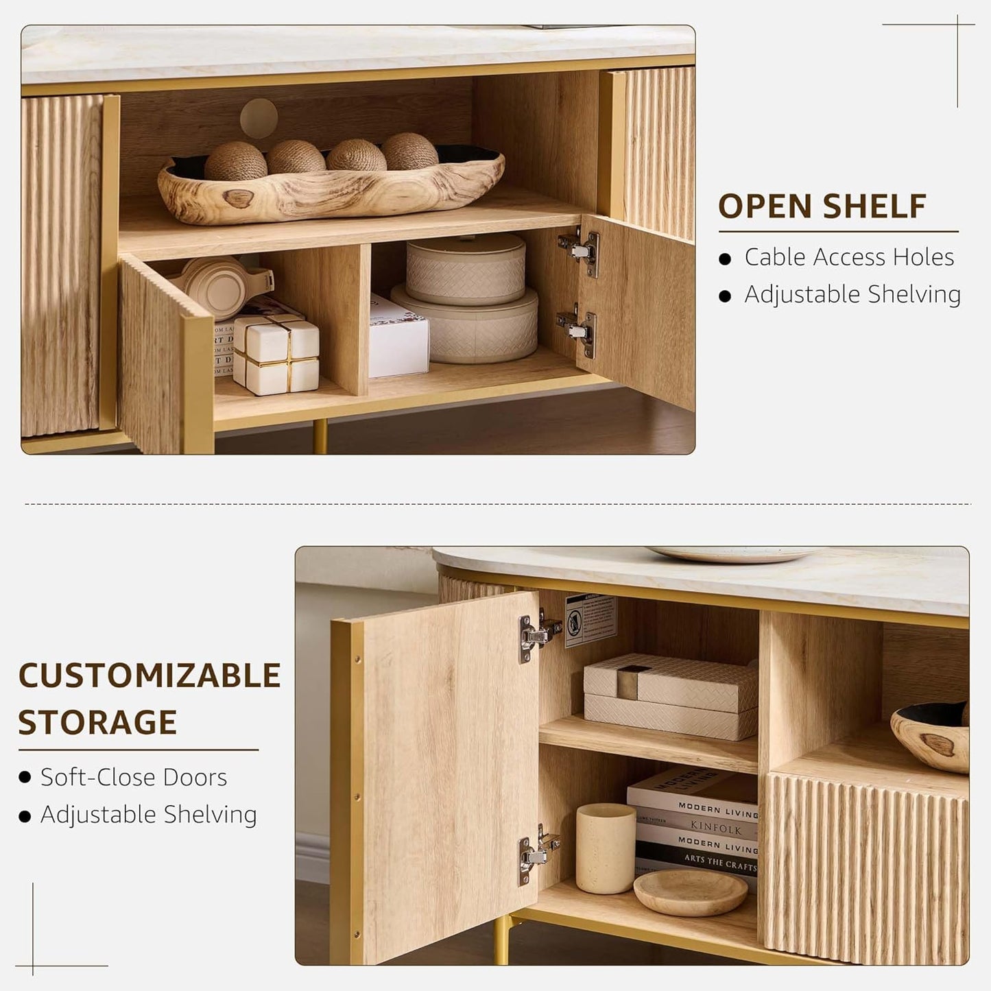 Luxury 70" Fluted TV Stand, Modern Chic Entertainment Center for Tvs up to 80 Inches, TV Console with Faux Marble Top, Curved Profile Design, Media Console for Living Room, Natural Oak