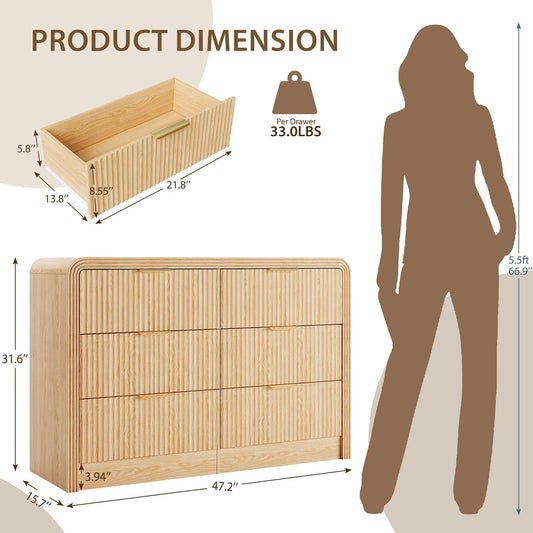 Fluted Drawers Dresser for Bedroom, Wood Dressers with Gold Handles, Modern Dressers with Wave Texture, Large Storage Chest of Drawers, Bedroom Dresser Organizer 47'' & 6 Drawers (Natural Oak)