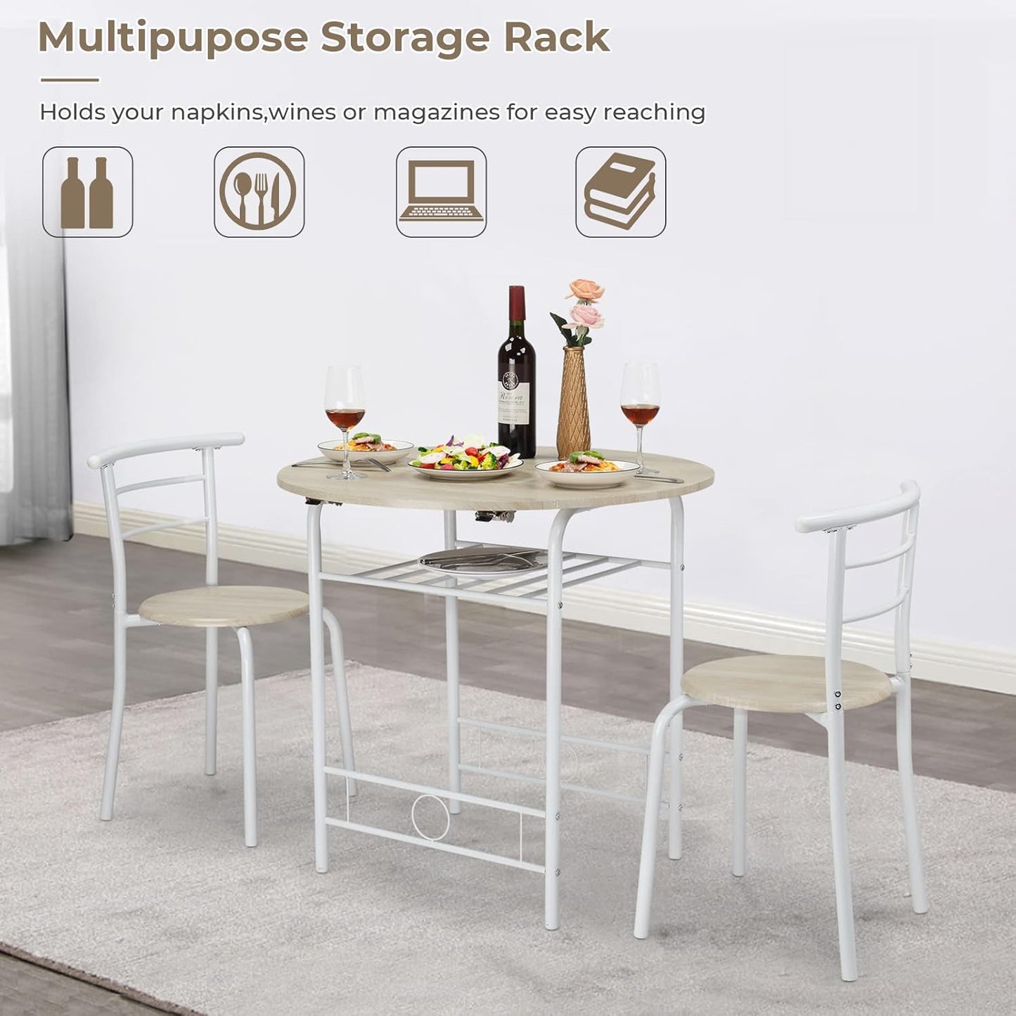 31.5" Drop Leaf Dining Table 3 Pieces for Small Space,Small Kitchen Table Set for 2,Round Folding Table with 2 Chairs for Home,Kitchen,Apartment,White&Oak