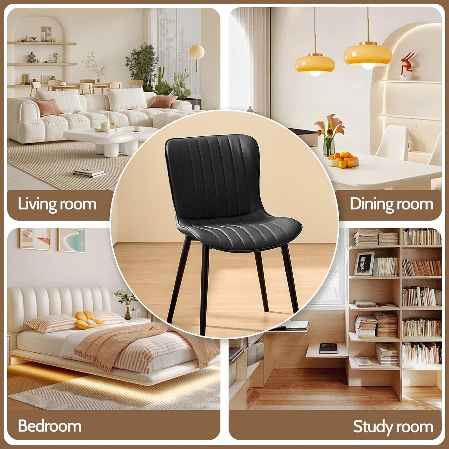 Modern Dining Chairs Set of 4, Heavy Duty Upholstered Side Chairs with Faux Leather, Comfortable Cushions & Durable Metal Legs with Adjustable Feet, Perfect for Kitchen, Dining Room (Black)